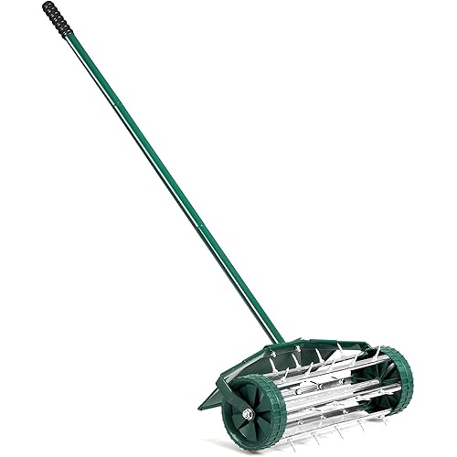 HAPPYGRILL Rolling Lawn Aerator, 18 Inch Aerator Lawn Tool with Fender, Anti-Slip Handle & Tine Spikes, Soil Aeration Manual Lawn Aerator for Garden, Patio, Yard