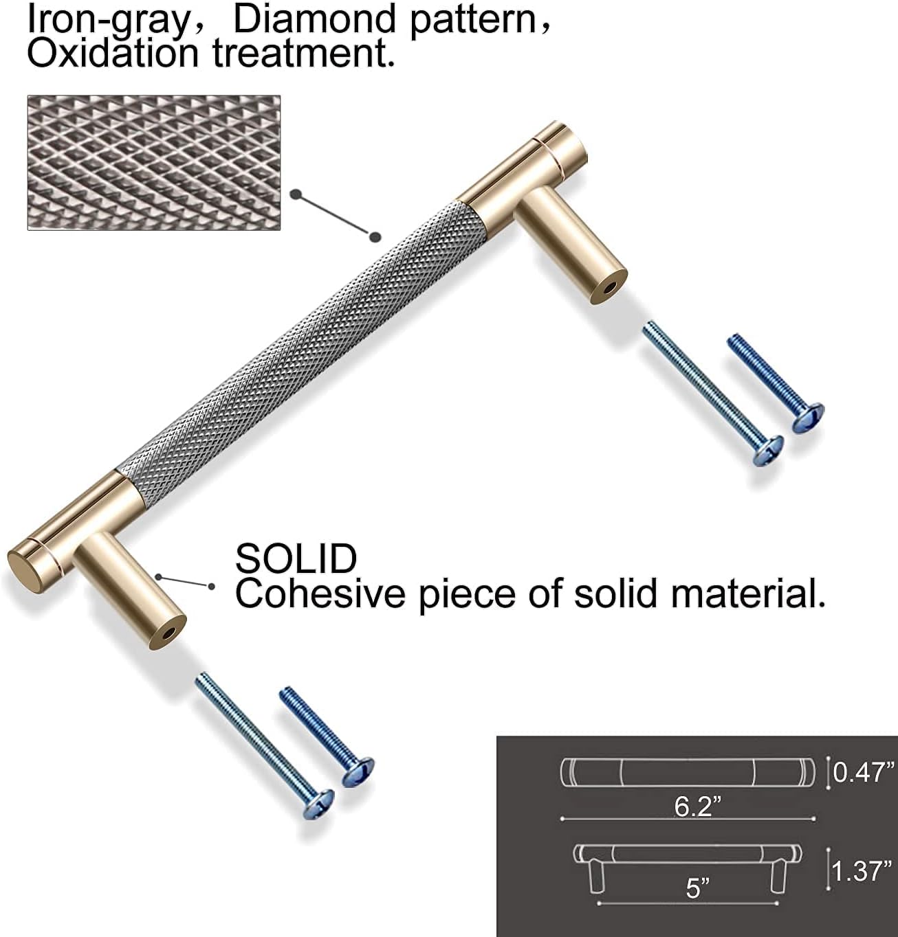 Drawer Pull 12 Pack 5" Cabinet Handles Cabinet Pulls Aluminum Handles Round Pull Gold and Nickle Oxidation Finish with Diamond Pattern Golden 6" Length
