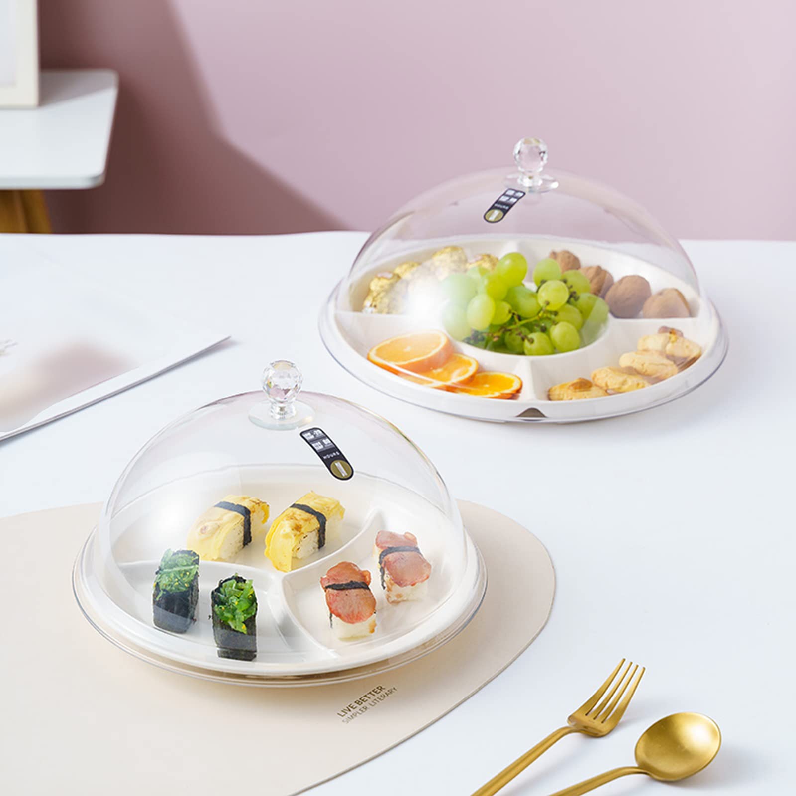 Copertura per Alimenti, Campana Coperchio Microonde,Vassoio per frutta con coperchio a cupola, vassoio separato in melamina bianca con coperchio in plastica trasparente, caramelle, biscotti,