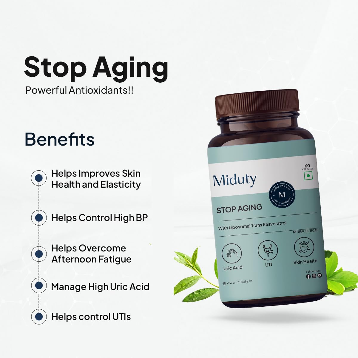 Green Tea Leaf Extract 300mg with Miduty Stop Aging Trans Resveratol 250mg | Quercetin, bitter orange and pomegranate fruit extract. Powerful antioxidant formula | Anti Aging Supplement 60 Veg Capsules Green Tea Leaf Extract 300mg with Miduty Stop Aging Trans Resveratol 250mg | Quercetin, bitter orange and pomegranate fruit extract. Powerful antioxidant formula | Anti Aging Supplement 60 Veg Capsules