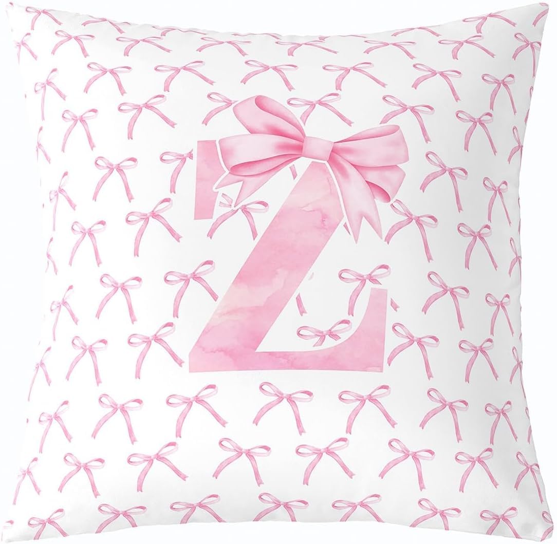 Cartoon Bowknot Kids Throw Pillow Cover,Pink Bow Tie Letter Z Knot Princess Double Sides Pillow Case Girls Women,Watercolor Bow Patchwork Pink White Bed Couch Sofa Cushion Cover,Single Pack 18"x18"