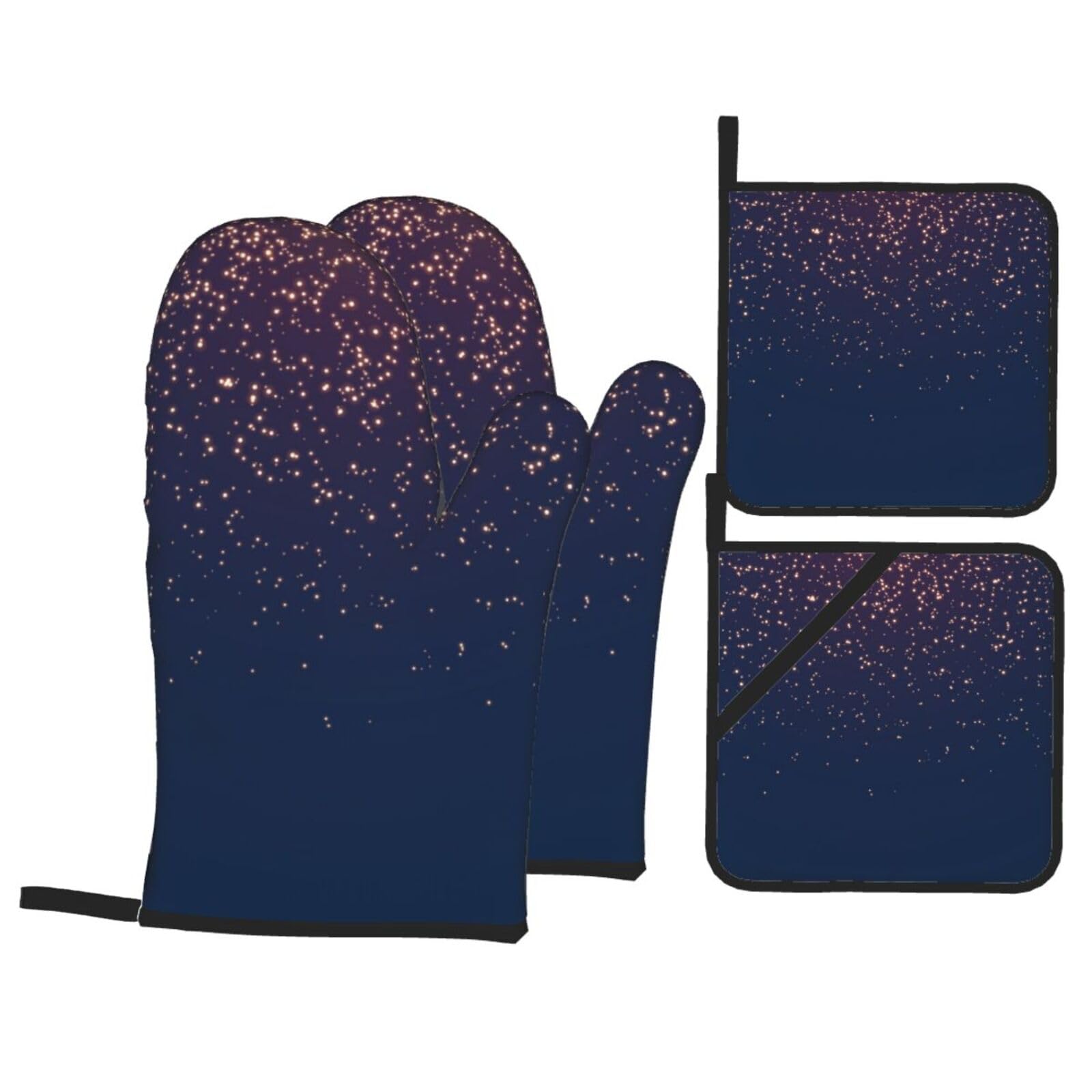 Navy Blue Sky And Stars Print Stylish Heat-Resistant Oven 4-Piece Set Kitchen Gloves Roasting Daily Cooking