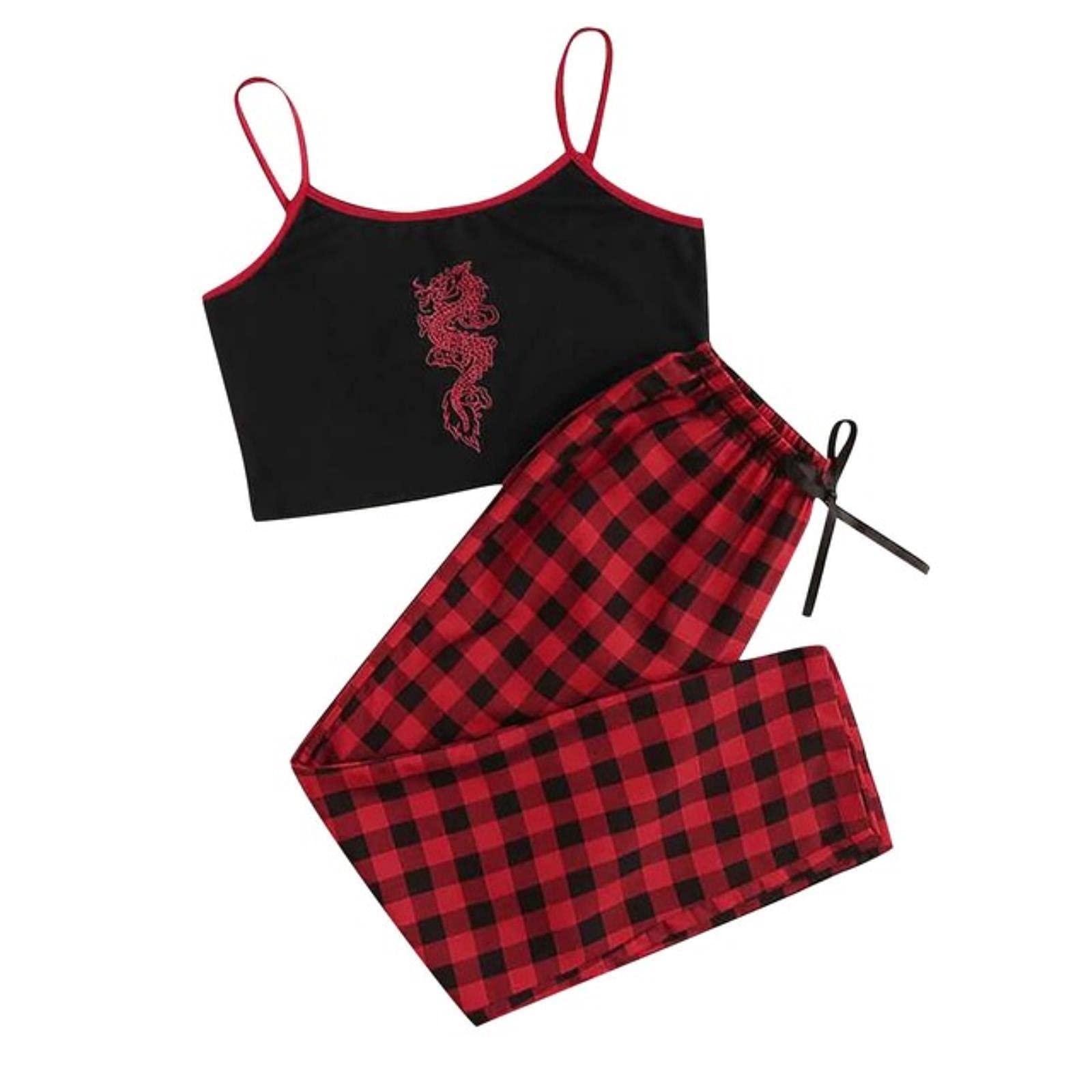 Ebayin Women's Red Punk Pajama Sets Sexy Sling Dragon Animal Print Gothic Sleepwear Lingerie Underwear Homewear Summer Pajamas Femme