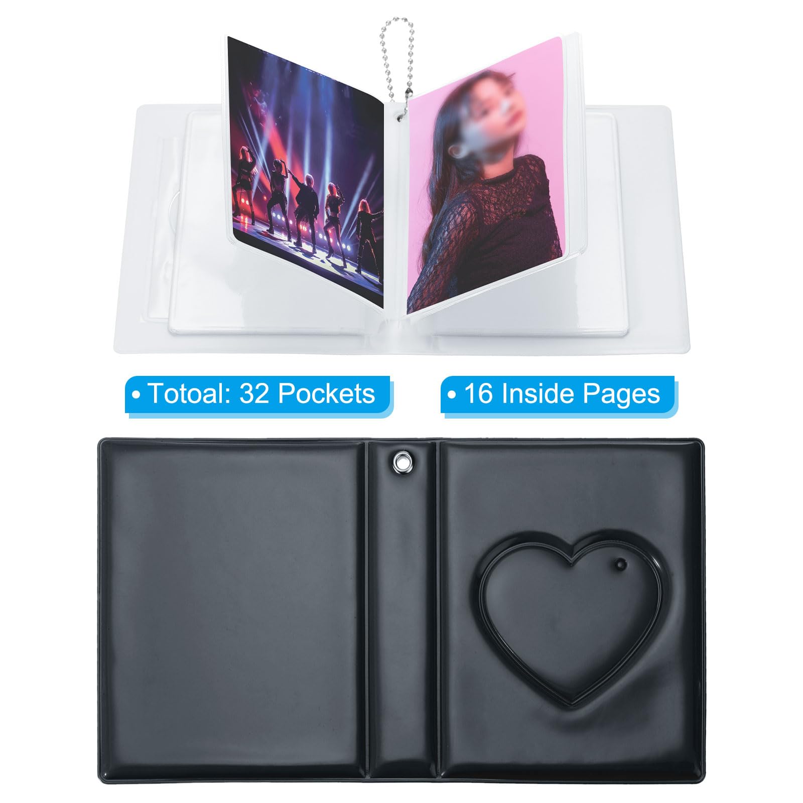PATIKIL 3 Inch Mini Kpop Photocard Binder Album with 32 Pockets Small Bookshelf Love Heart Picture Holder Book for Collection Black - Image 3