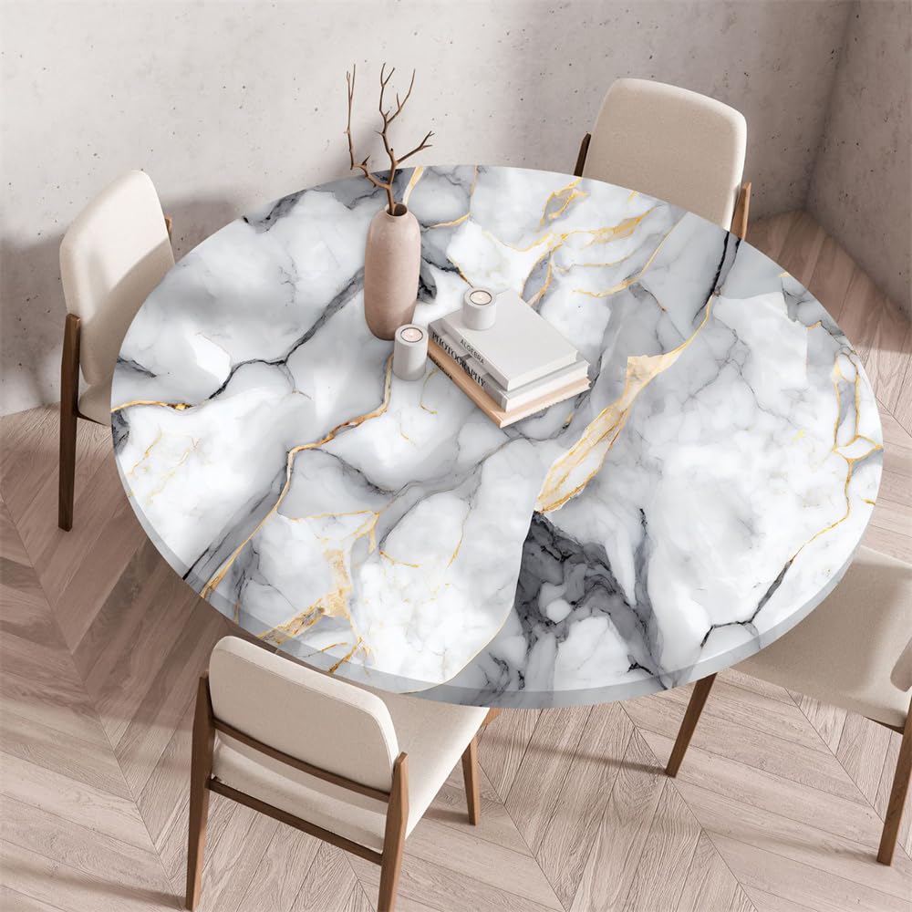 FANSU Marble Round Tablecloth Elastic Edged Fitted Wipe Wipeable Clean Table Cover,for Home Restaurant Dining Party,Indoor Outdoor Patio Use (140cm,White gray)