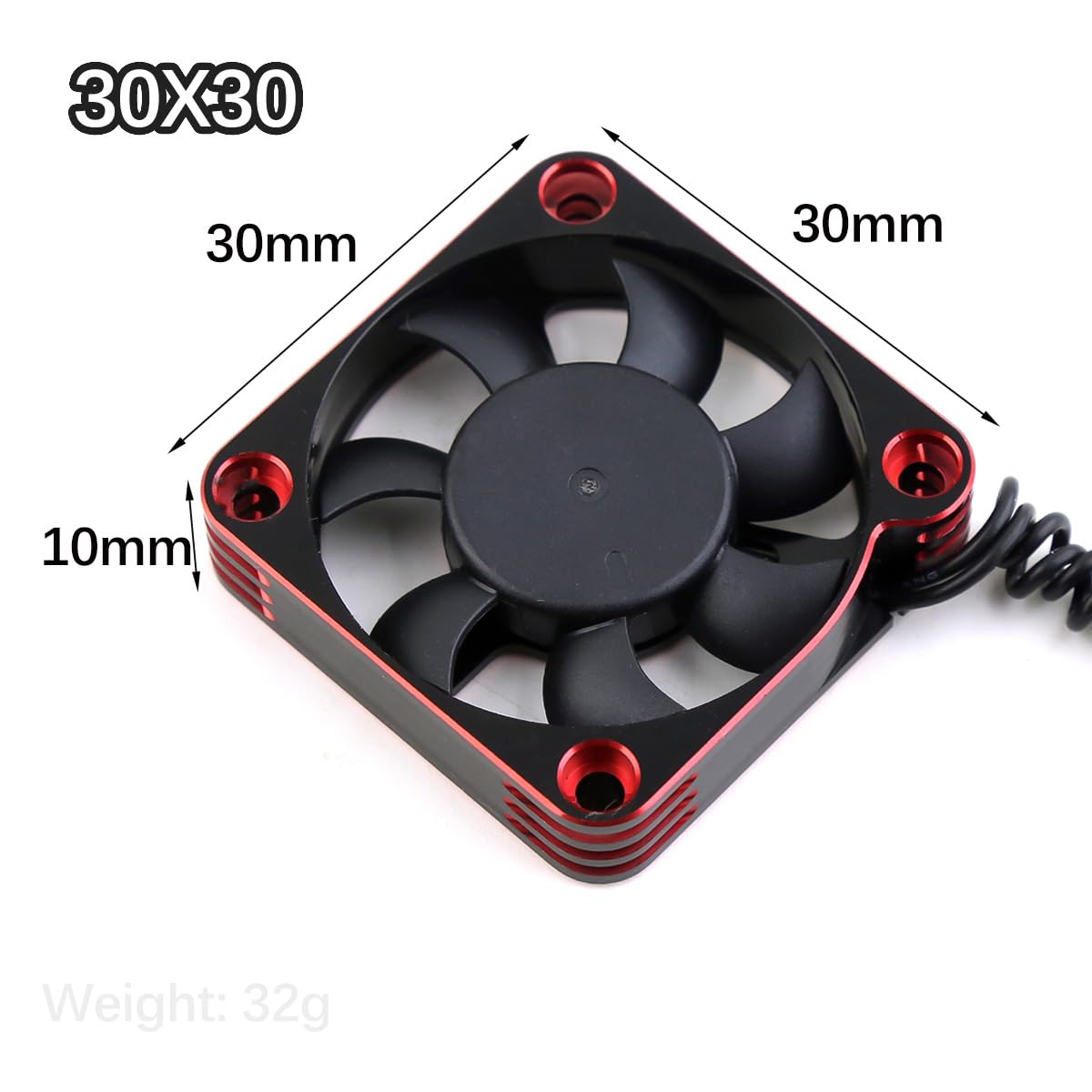 RC Motor Cooling Fan Aluminum Alloy Radiator, ESC Cooling Radiator Fan for 1/5 1/8 1/10 1/12 Ratio RC Car (30mm Black Red)