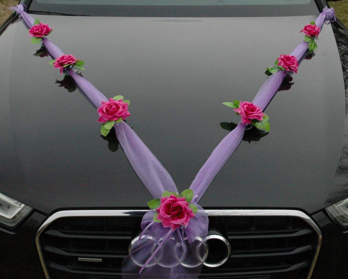 Autoschmuck Organza M Auto Schmuck Braut Paar Rose Deko Dekoration Hochzeit Car Auto Wedding Deko (Violett/Violett) - Image 3