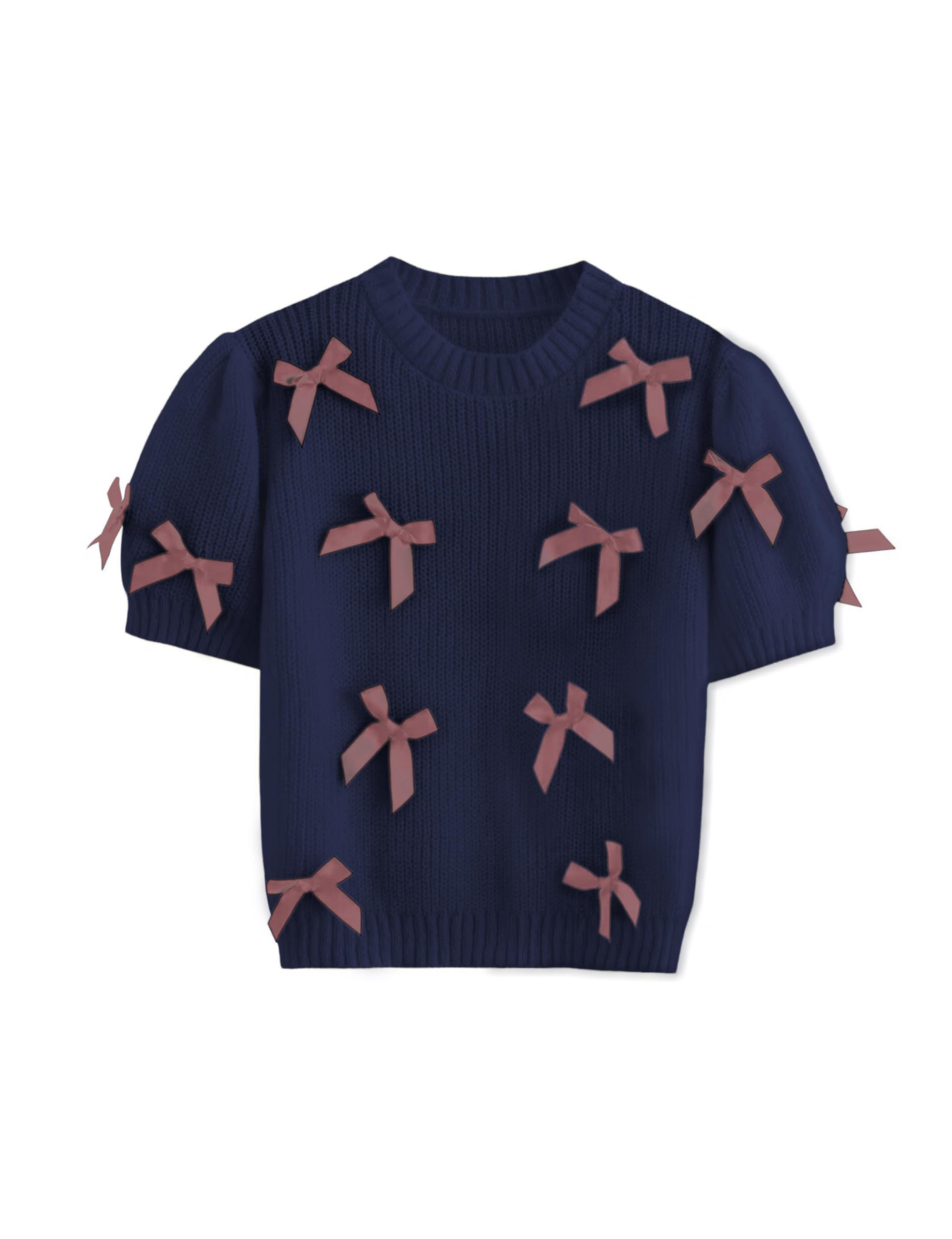 Womens Sweaters Knitted Crewneck Puff Bubble Short Sleeve Pullover Tops Casual Bow T Shirts Chic Blouses