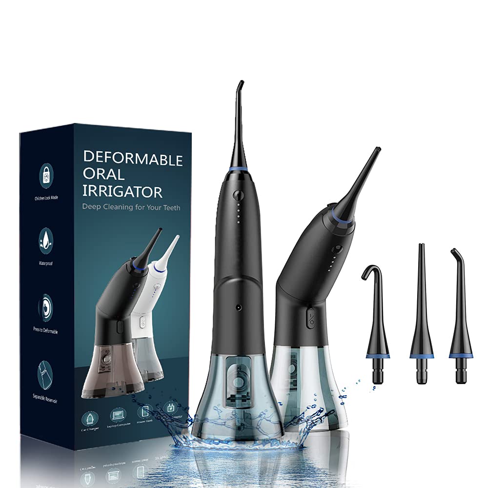 KKPOT Cordless Water Flosser Teeth Cleaner - 4 Modes Deformable Dental Oral Irrigator, Portable & Rechargeable IPX7 Waterproof Water Pick Flosser with 3 Replacement Nozzle Heads for Home Travel