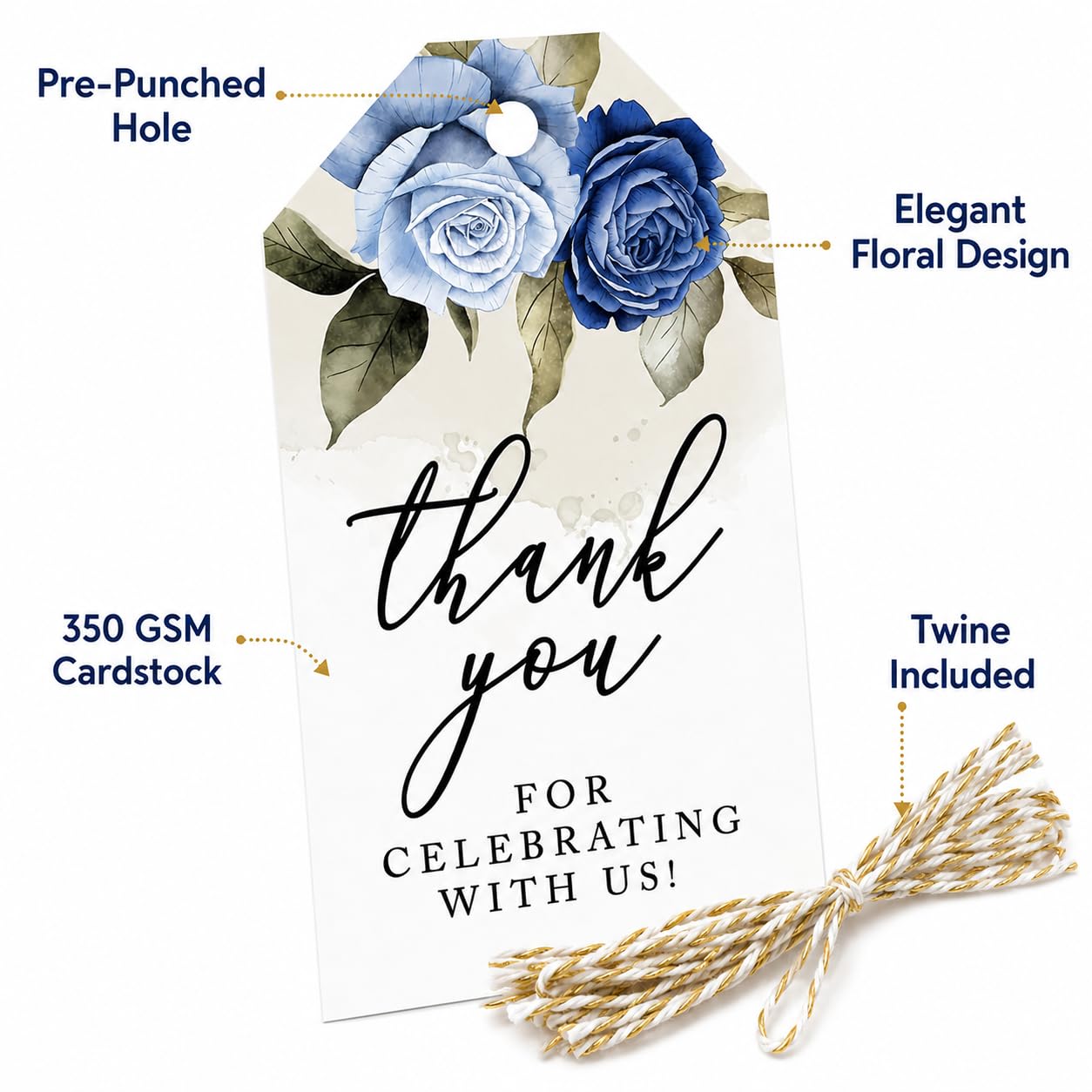 Andaz Press Geschenkanhänger mit Aufschrift "Thank You for Celebrating with Us", Karton, blaue Rosen, 5,1 x 9,5 cm, 100 Stück