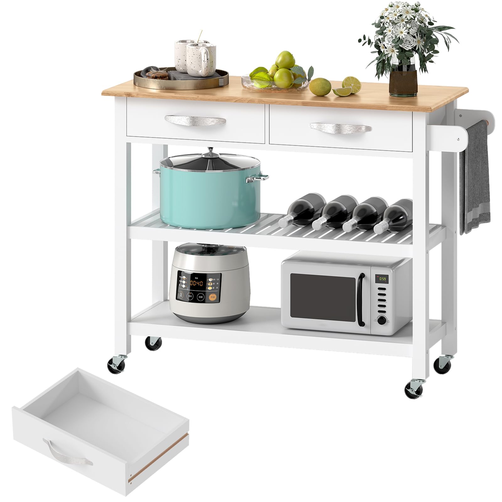 KOMFOTTEU Carro de Cocina de Madera con Ruedas, Carrito Auxiliar con 2 Cajones y 2 Estantes Abiertos, Isla de Cocina Móvil con Toallero Lateral, para Comedor, Bar, 116 x 44 x 89 cm (Blanco)