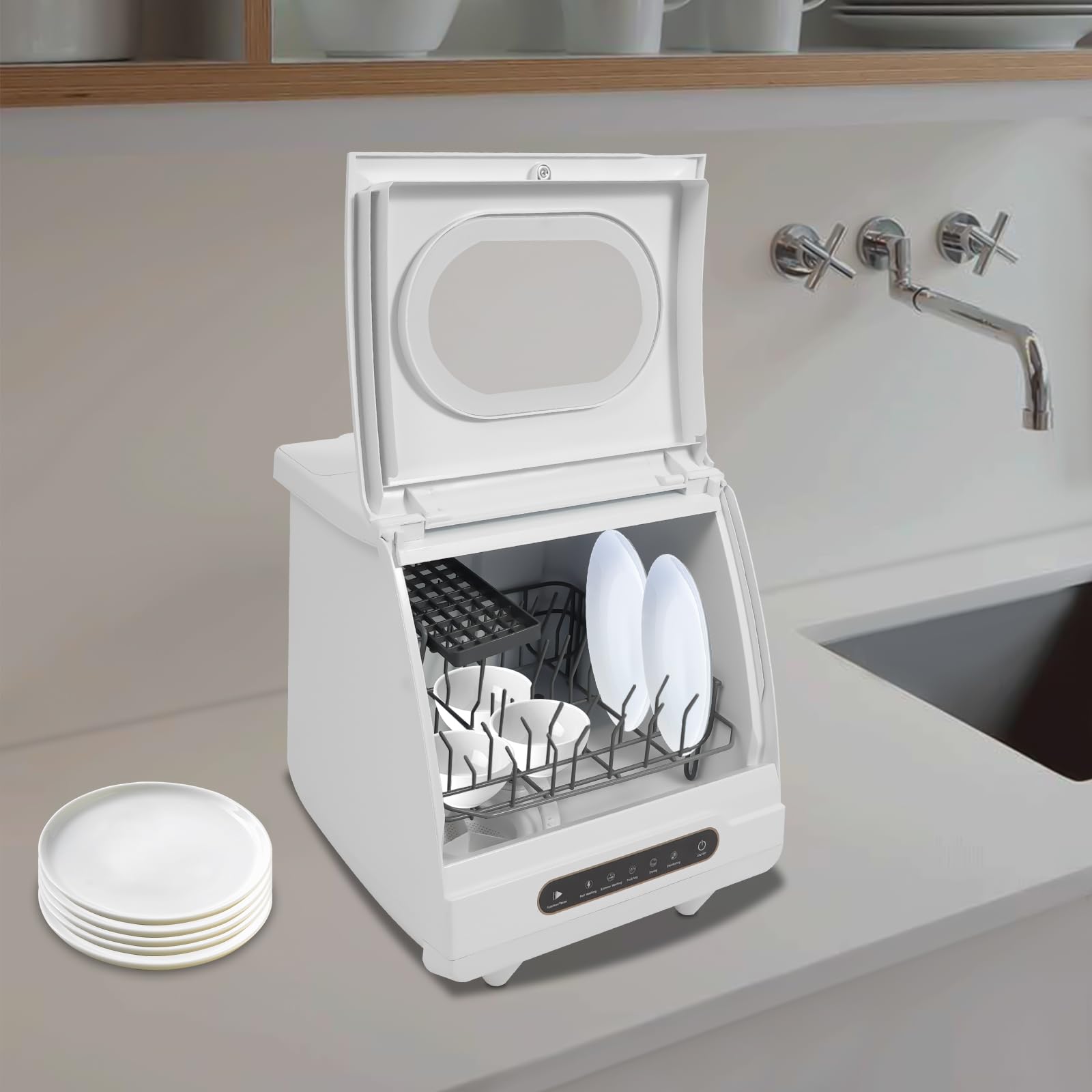 Lavastoviglie da tavolo, mini lavastoviglie portatile, mini lavastoviglie con serbatoio dell'acqua da 5 l e 5 programmi, piccola lavastoviglie da tavolo per casa, ufficio, campeggio