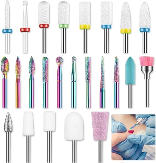 MAYCREATE® 24Pcs Nail Drill Bit Set, 3/32” Universal Nail Drill Bits Ceramic Diamond Carbide Nail Drill Bits Shaping, Cleaning, Buffing Nail Bits Kit for Acrylics, Gels, or Dip…