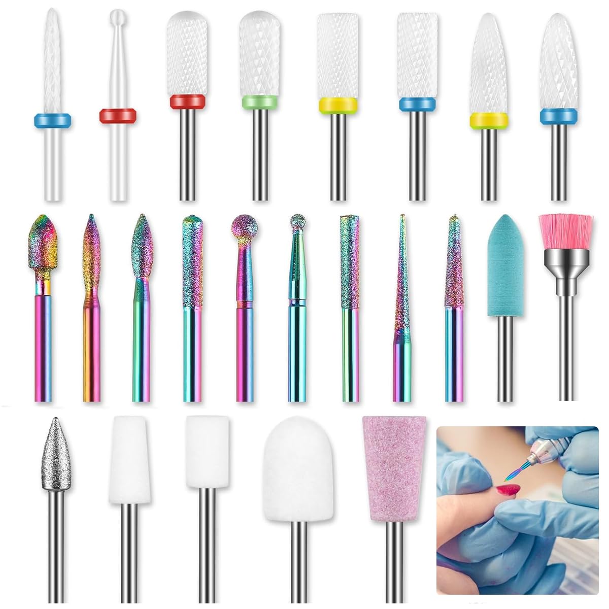 MAYCREATE® 24Pcs Nail Drill Bit Set, 3/32'' Universal Nail Drill Bits Ceramic Diamond Carbide Nail Drill Bits Shaping, Cleaning, Buffing Nail Bits Kit for Acrylics, Gels, or Dip Powder Nails-picture-14