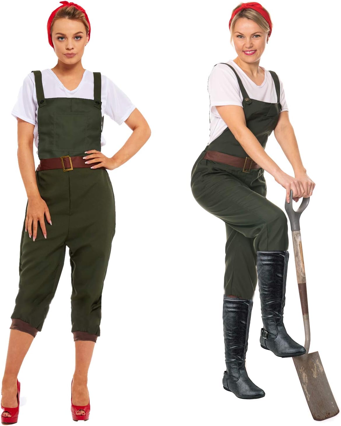WW2 1940s Land Girl Costume for Women – Wartime Fancy Dress with Green Dungarees, White Top & Headscarf | World War 2 Worker Outfit for Vintage Events