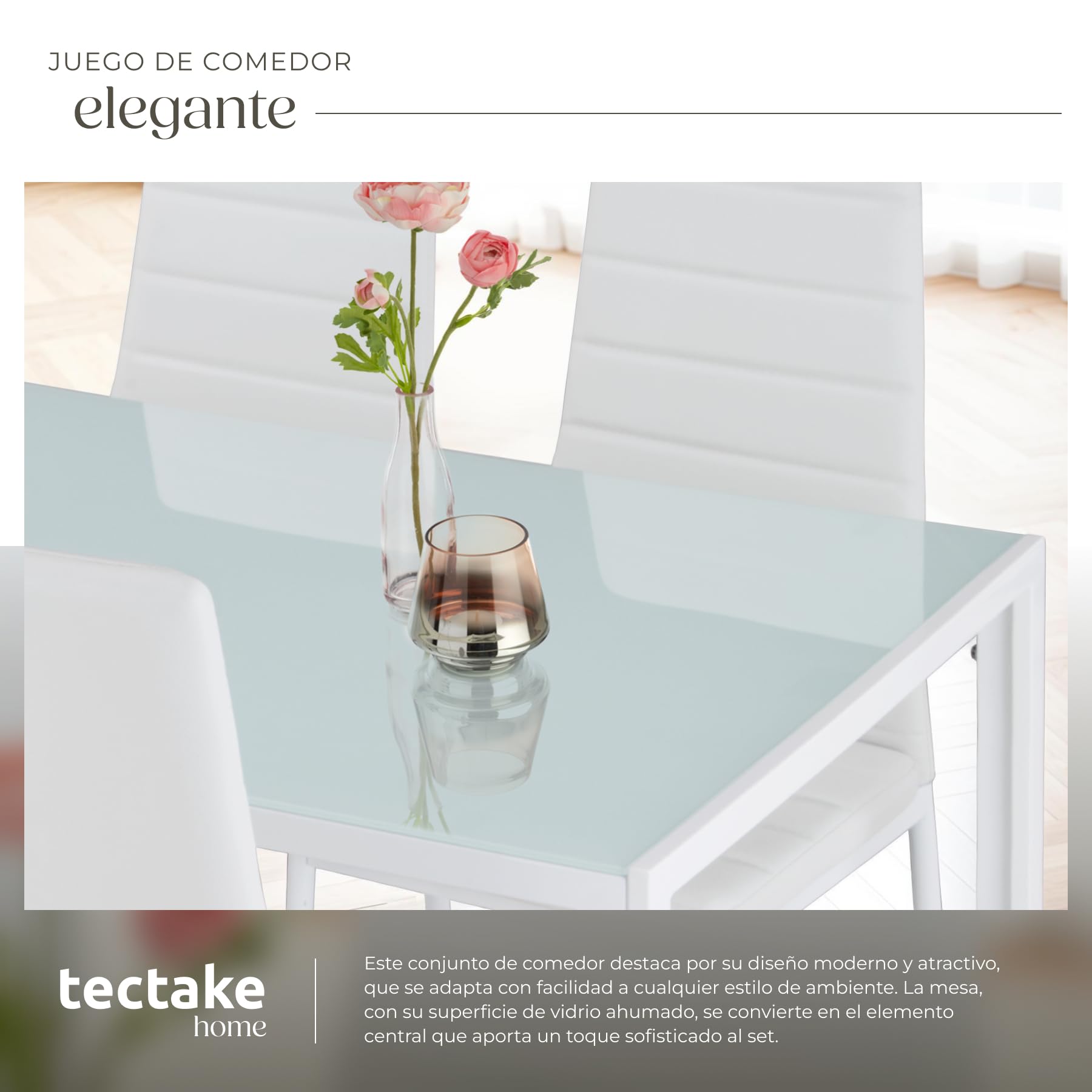 tectake Dining Table and Chairs Set, Safety Glass Table and 4 Upholstered Kitchen Chairs Faux Leather, Steel Frame, Dining Chairs, Kitchen Furniture Set – White — view 5