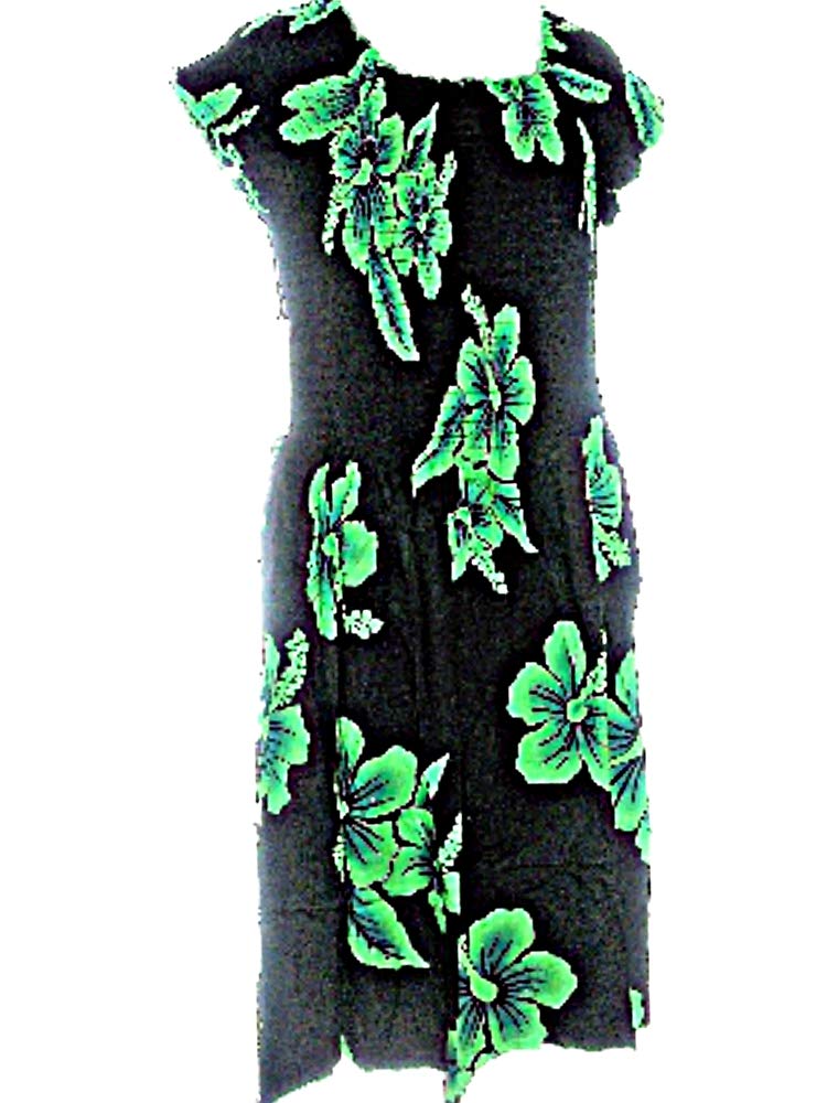 Plus Size Hawaiian Green Hibiscus Flowers Black Cap Sleeve Sun Dress- ONE Size (XL-2X)