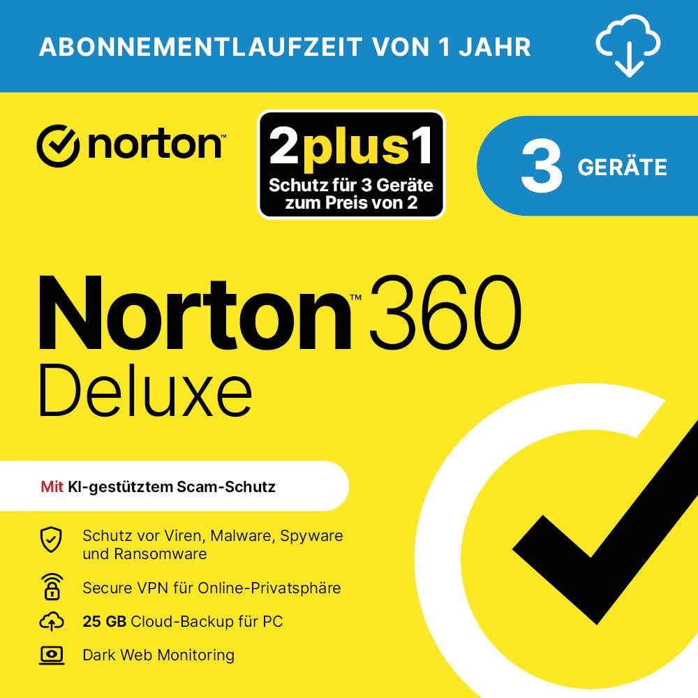 Norton 360 Deluxe 2026 2plus1 | 3 Geräte| 1 Jahr | Aktivierungscode per Email