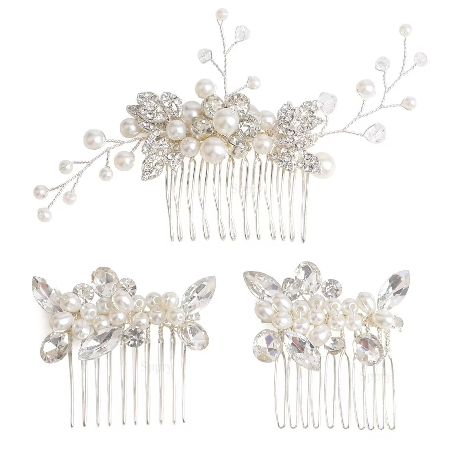 Sppry Elegant Rhinestone Pearl Hair Combs, Jewelry Floral Crystal Hair Accessories for Bridal Women at Wedding Prom, Set of 3 (Silver)