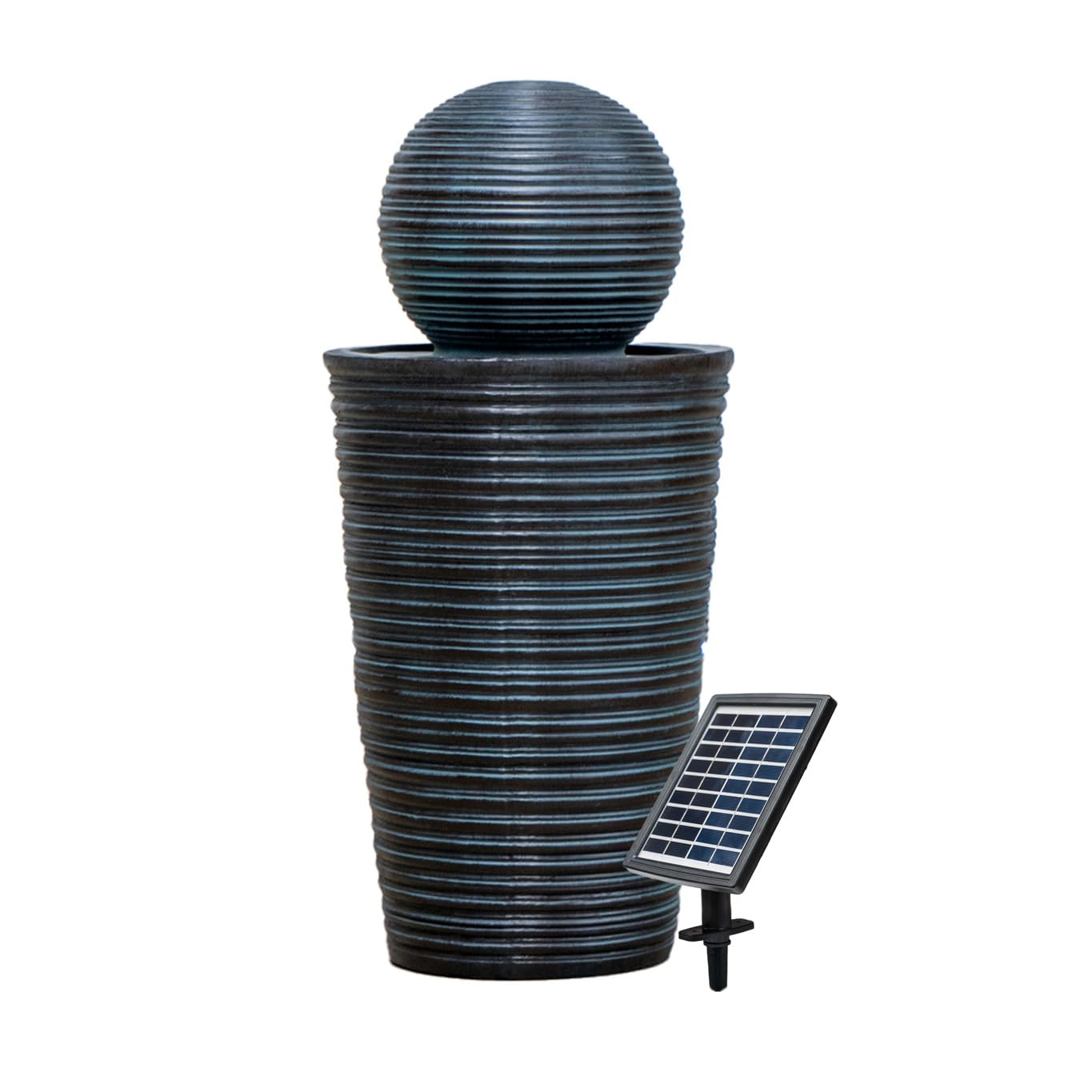 Fuente de Agua con Energía Solar de pie Bola Gris | 27x 27x 58,5 cm | Resina resistente a Intemperie | Estaca p/fijación | Panel Solar y Batería de Respaldo de hasta 6 hs | Cable de alimentación 7m