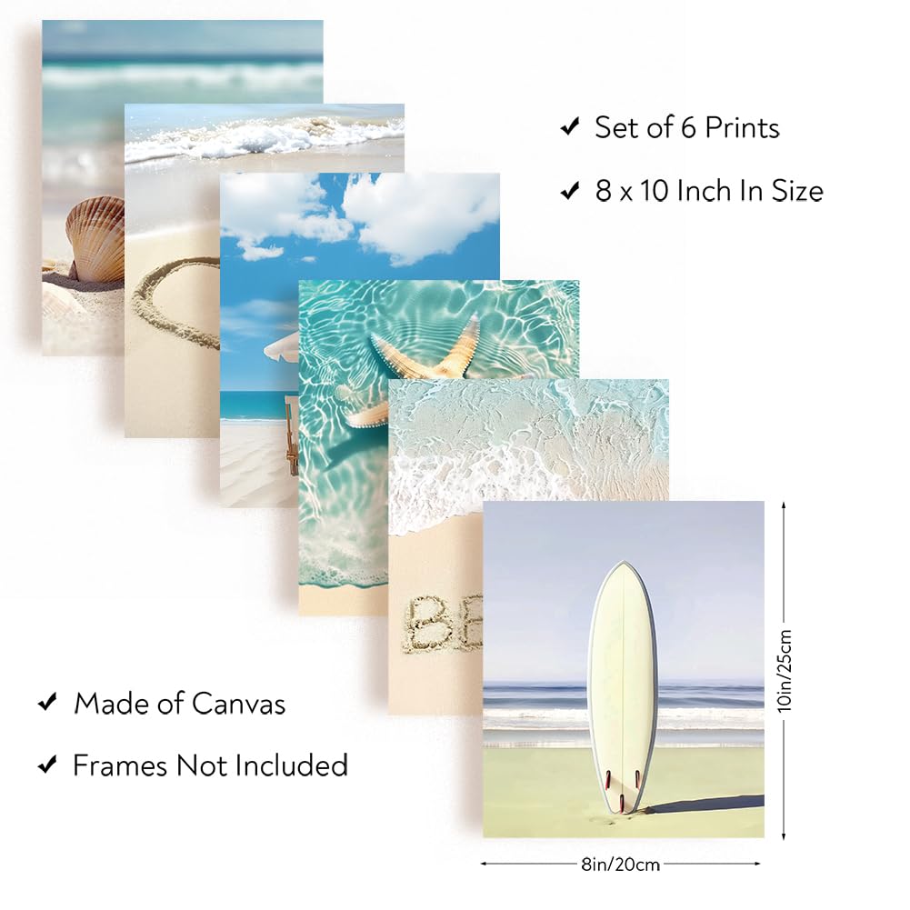 SUPERDANT Set di 6 Stampe Da Parete per Spiaggia Estiva Paesaggio Marino Pittura Murale Realismo Tela Stelle Marine Surf per Salotto Camera da Letto Soggiorno Ufficio Decorazione (Senza Cornice)