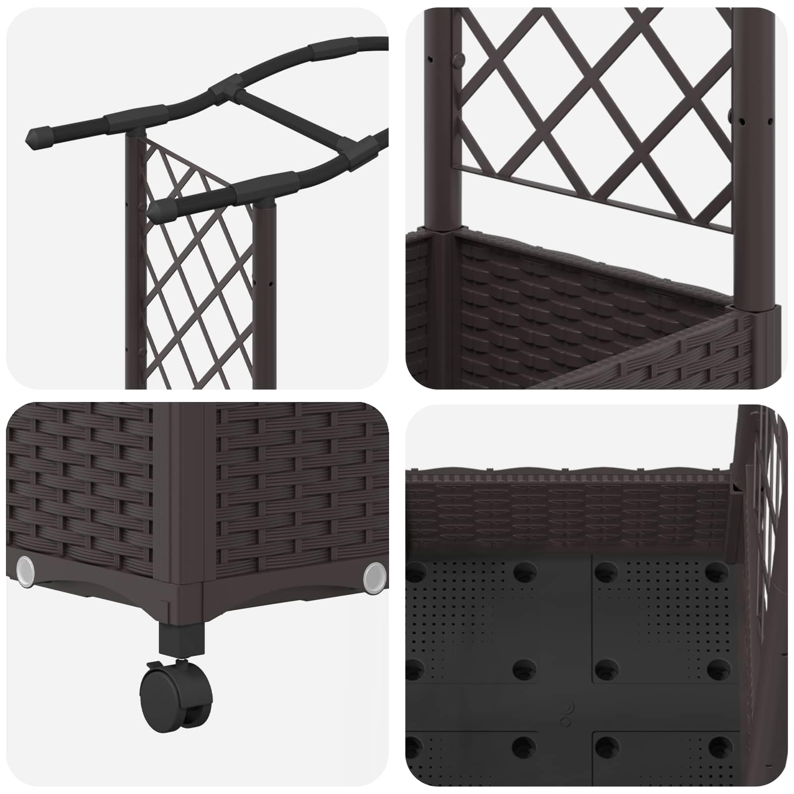 vidaXL Huerto Elevado con Celosía y Ruedas Marrón PP, Jardinera Moderna Elevada con Techo, Móvil, para Hierbas, Verduras, Ideas de Jardinería Urbana
