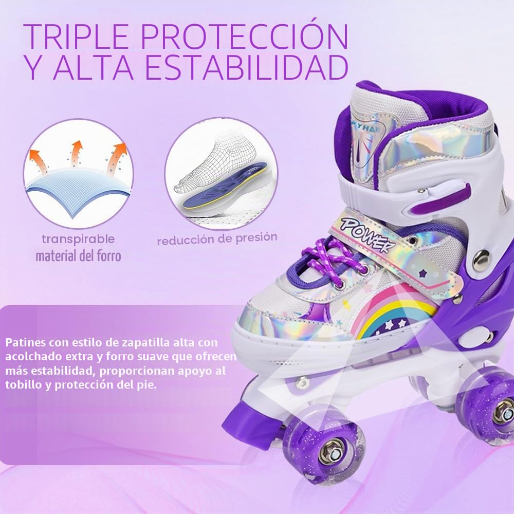 Patines para niños y niñas, Ajustables en 4 tamaños para niños y Principiantes, Patines de Ruedas para Deportes Violeta Arco Iris