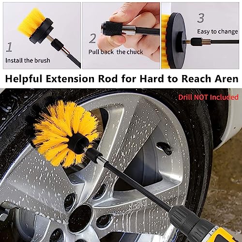 Cleafou 4 Pcs Drill Brush Attachment Set With Extend Attachment All Purpose Power Scrubber Brush Cleaning Kit For Bathroom Surfaces, Grout, Floor, Tub, Shower, Tile, Kitchen And Car, Yellow #TOP3