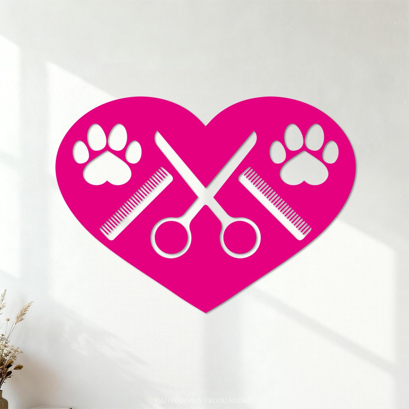 Vinyl Art Sticker Dog Paws with Comb and Scissors Grooming 68x94.3cm Window Decals Rosered