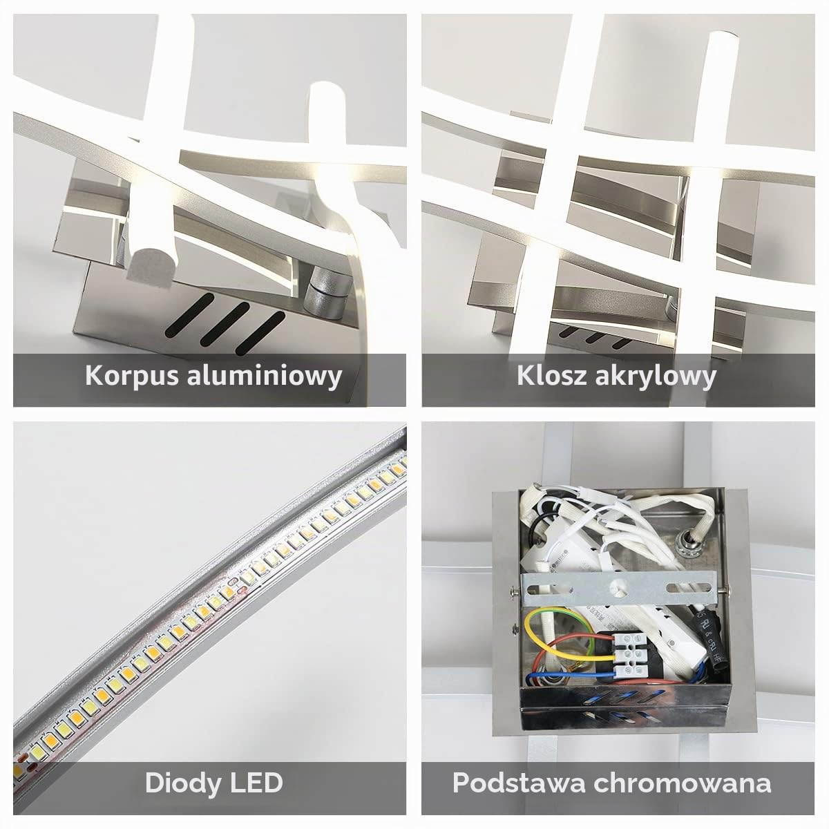 Pheashion Ściemnialna lampa sufitowa LED, 28W lampa LED do sypialni z pilotem, 3000K-6500K Nowoczesna zakrzywiona chromowana lampa sufitowa do salonu, korytarza, gabinetu (srebrna)