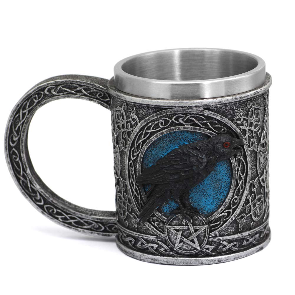 Taza de café vikinga 3D con cuervo vintage para barra de Halloween