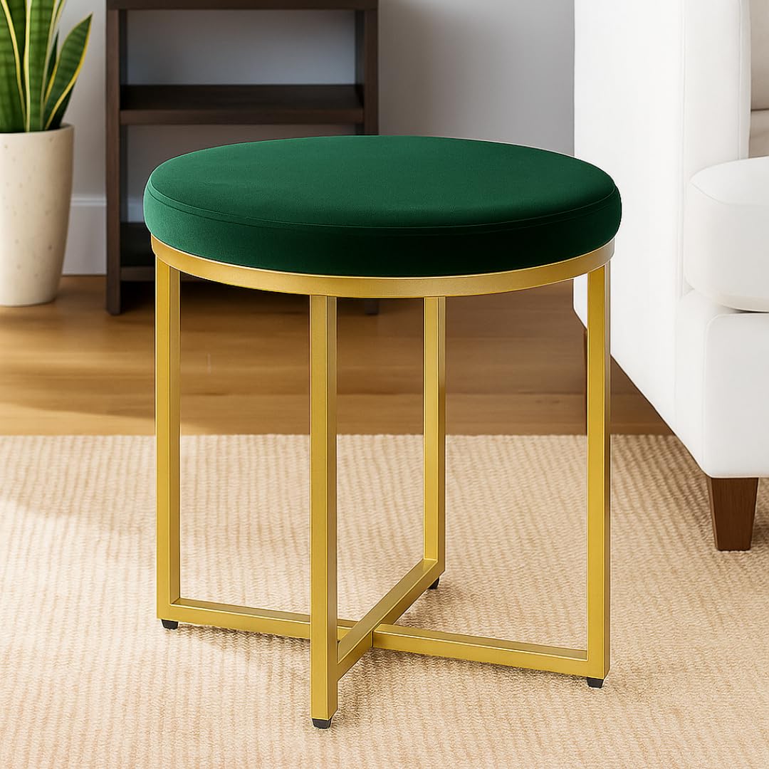 Woodilla Round Contemporary Metal Ottoman Stool for Living Room Ottoman Footrest Stool with Gold Metal Base Pouffes for Sitting for Living Room,Farmhouse Seat Sturdy Stools (Gold & Green)-image-36