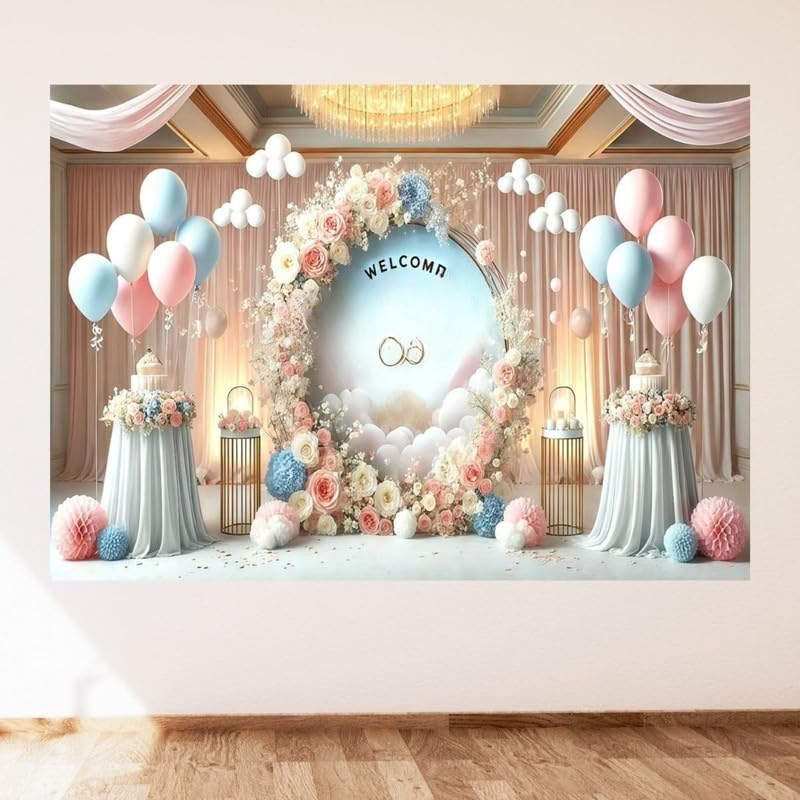 Image of Welcome Baby Floral Balloon Photography Backdrop - Elegant Decoration for Baby Celebration and Newborn Photo Background