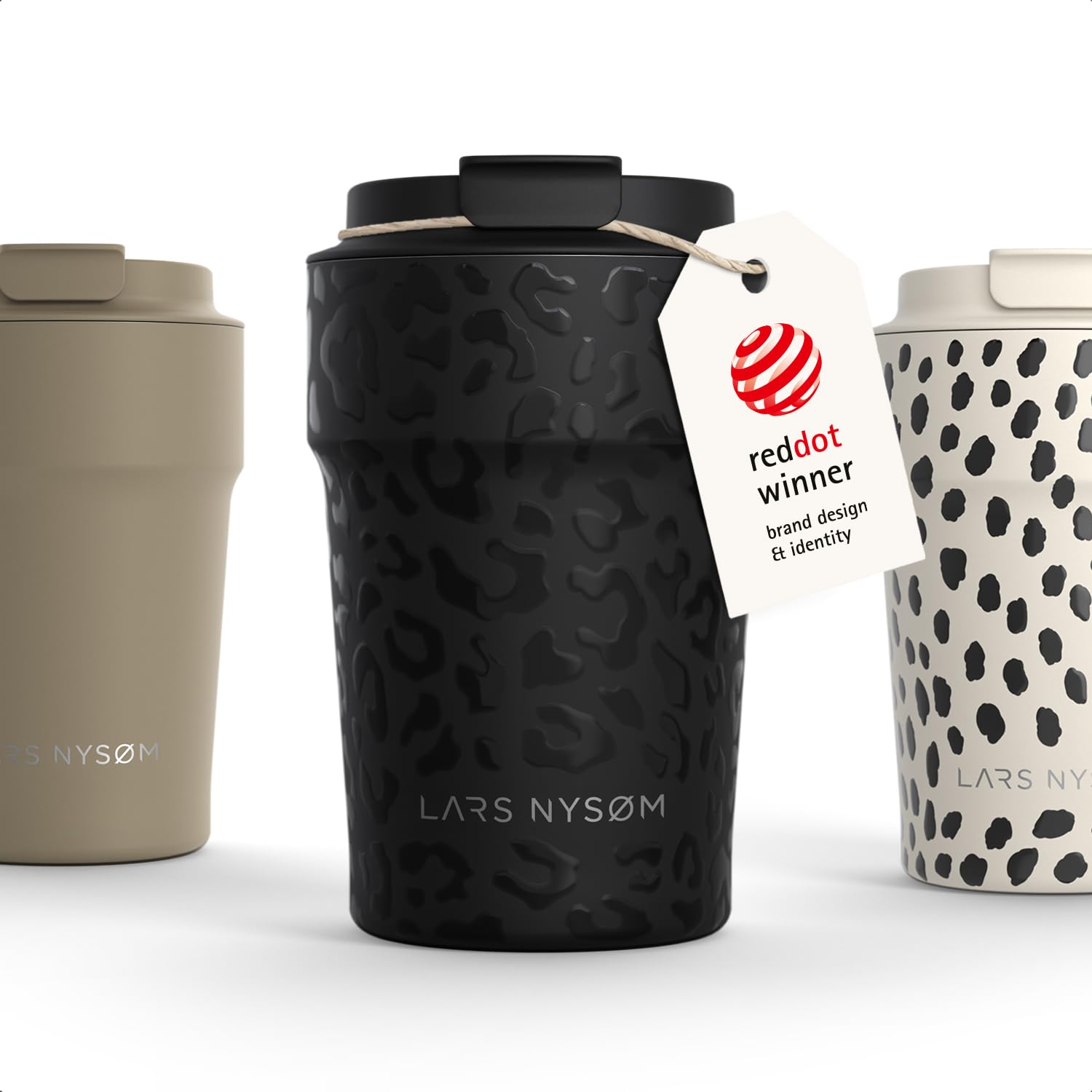 LARS NYSØM Thermo Coffee Mug-to-go 13oz | Travel Mug 0.38 L with Insulation | Silicone Grip Base | Leak Proof Stainless Steel Tumbler for Coffee and Tea on the Go (Black, 380ml)