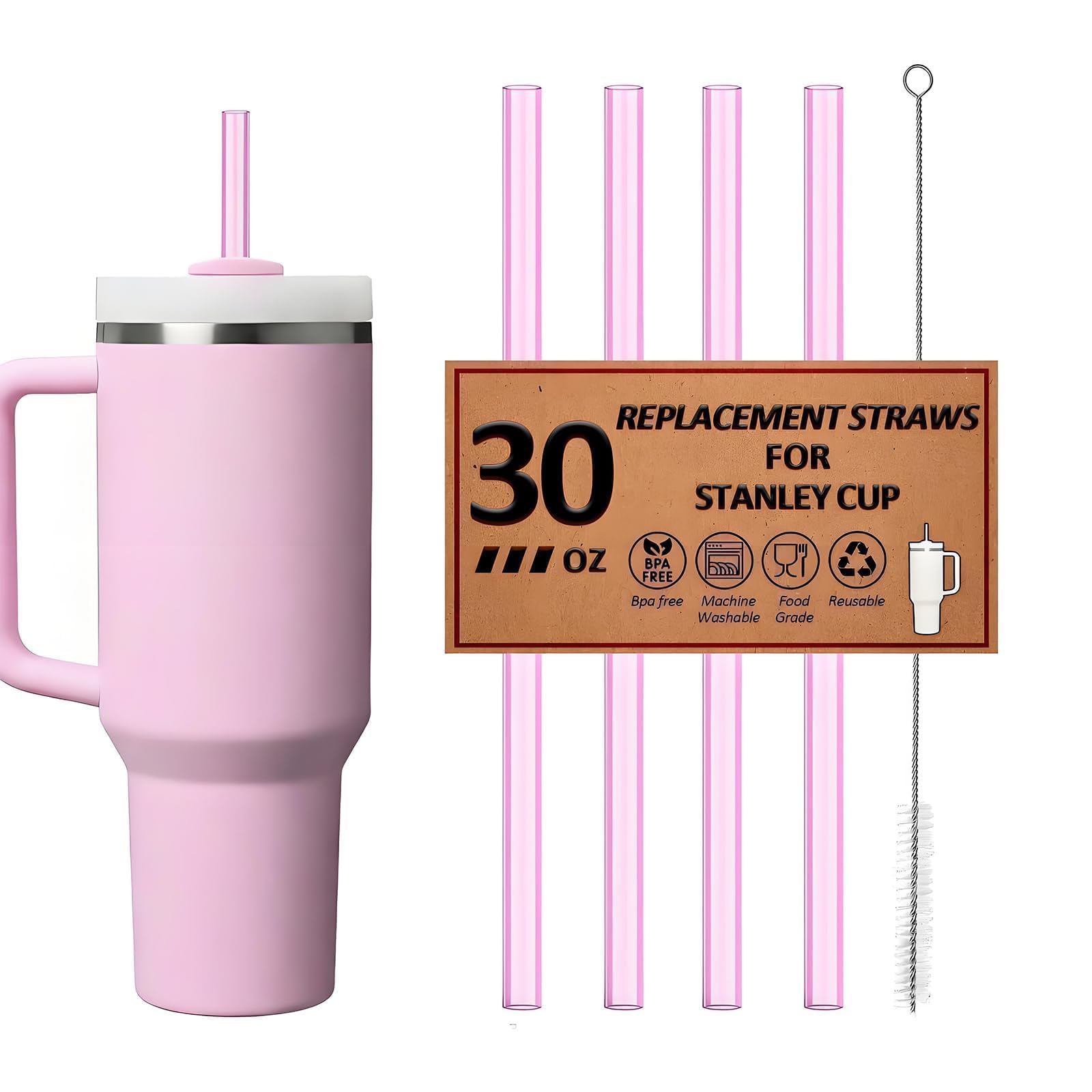 4 Pack Reusable Straws for Stanley Quencher H2.0 Tumbler 30oz | 40oz | 64oz, for Stanley Cup Accessories，Food Grade &amp; BPA Free, Machine washable（for 30oz, Pink*4）