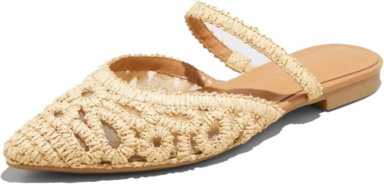 Mesh Mules for Women Comfy Raffia Woven Strap Closed Pointed Toe Mule Flats Casual Slip on Dress Slides Flats