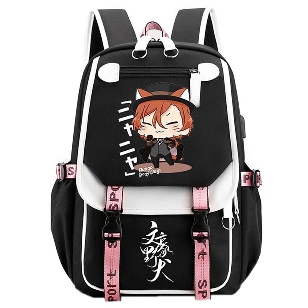 Charous Unisex Black 5 Anime Bungo Stray Dogs Cartoon Print Nylon Backpack,Multi-Functional School College Bag For Manga Fans Cosplay