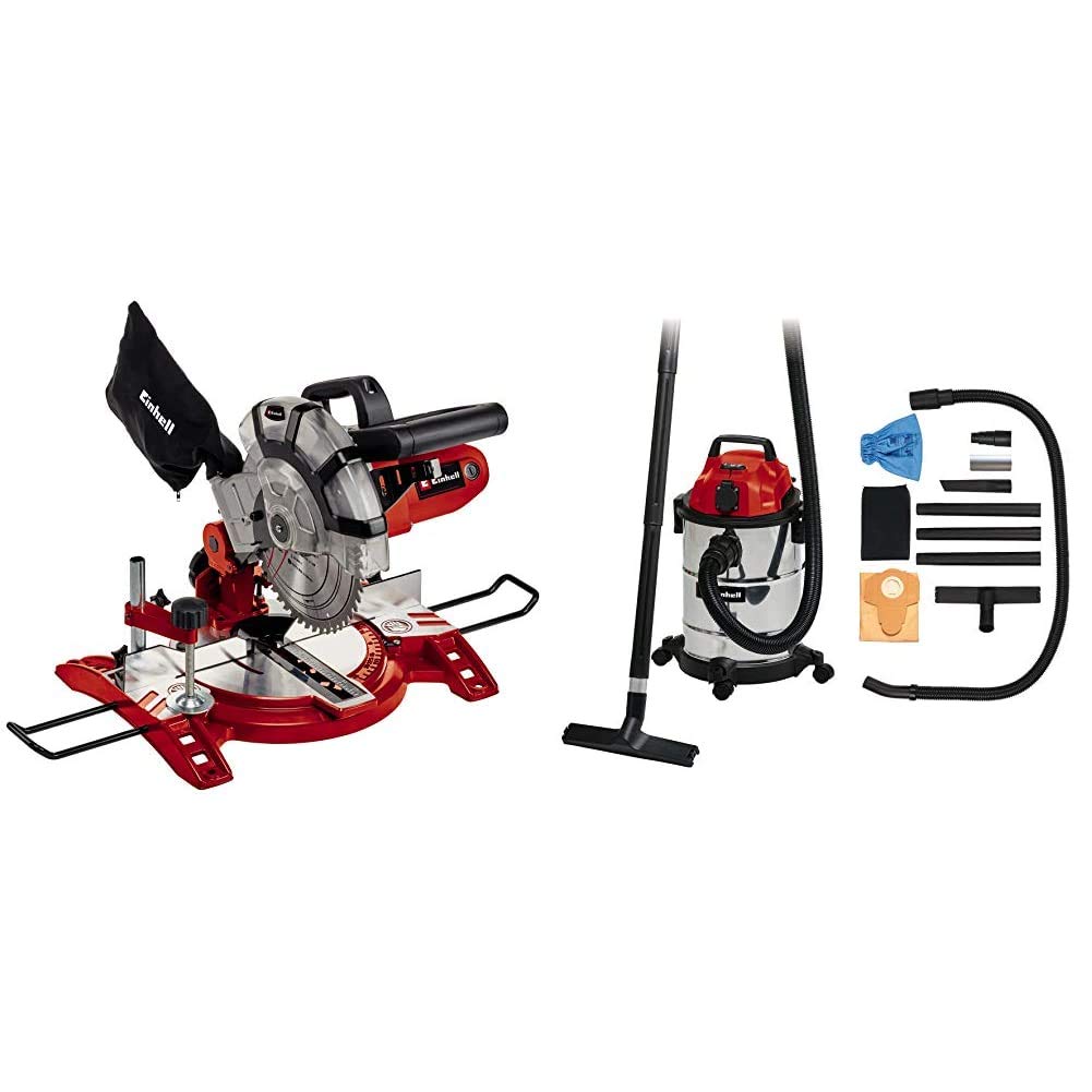 Einhell Scie à onglet radiale TC-MS 2112 (1600 W, Largeur de coupe maximale : 120 mm, Sac à poussière et blocage de sécurité) VERSION KIT avec Aspirateur Eaux et Poussières TC-VC 1820 SA