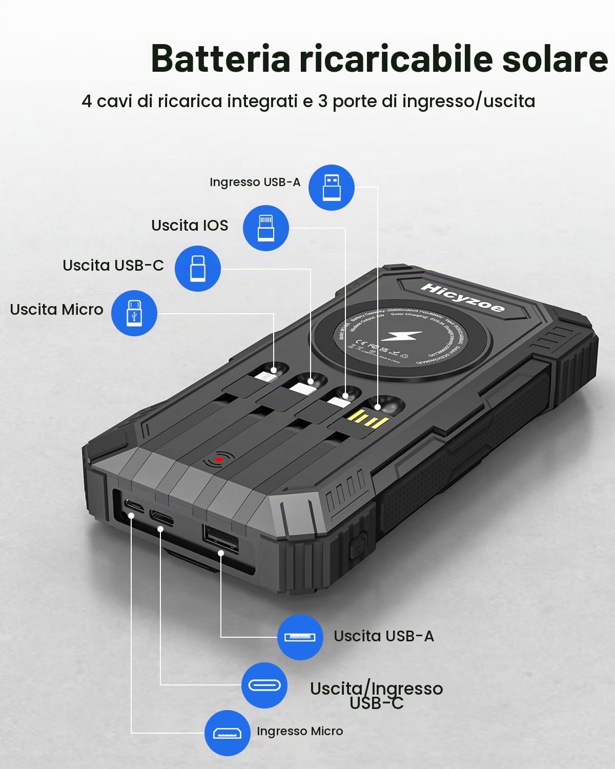 Power Bank Solare, Caricabatterie Portatile Wireless per Cellulari da 26800mAh, Batteria Esterna a Ricarica Rapida QC3.0 da con 4 Cavi Integrati, Ingresso/Uscita USB-C, con Doppia Torcia per Esterni