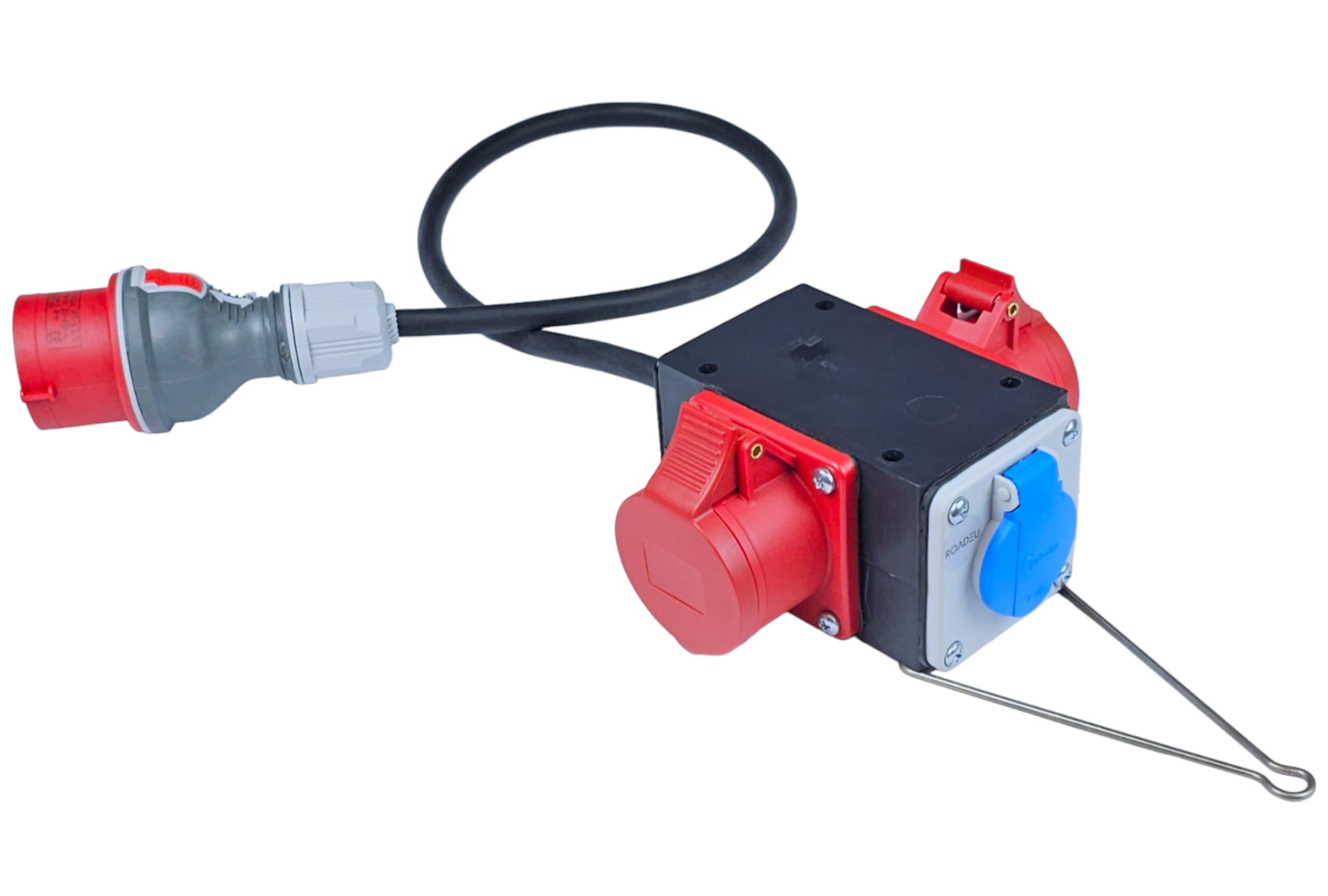 RoadEu - Distribuidor de Corriente con Salidas CEE y Schuko - Adaptador Industrial 380V y 230V 16A - Distribuidor móvil, Cable de Goma de 5m. Ideal para Taller, Cobertizo y Fábricas
