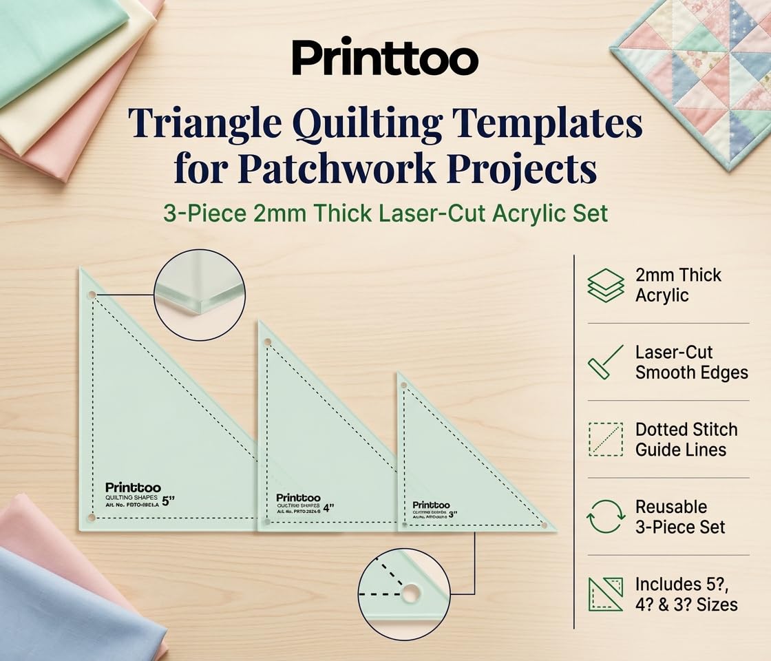 Printtoo Set di modelli triangolari a 90 gradi, 2 mm, in acrilico, per trapunte, patchwork, 7,6 cm, 10,2 cm, per metà quadrato, triangolo, blocchi, taglio tessuto, cucito, fai da te, creazione di