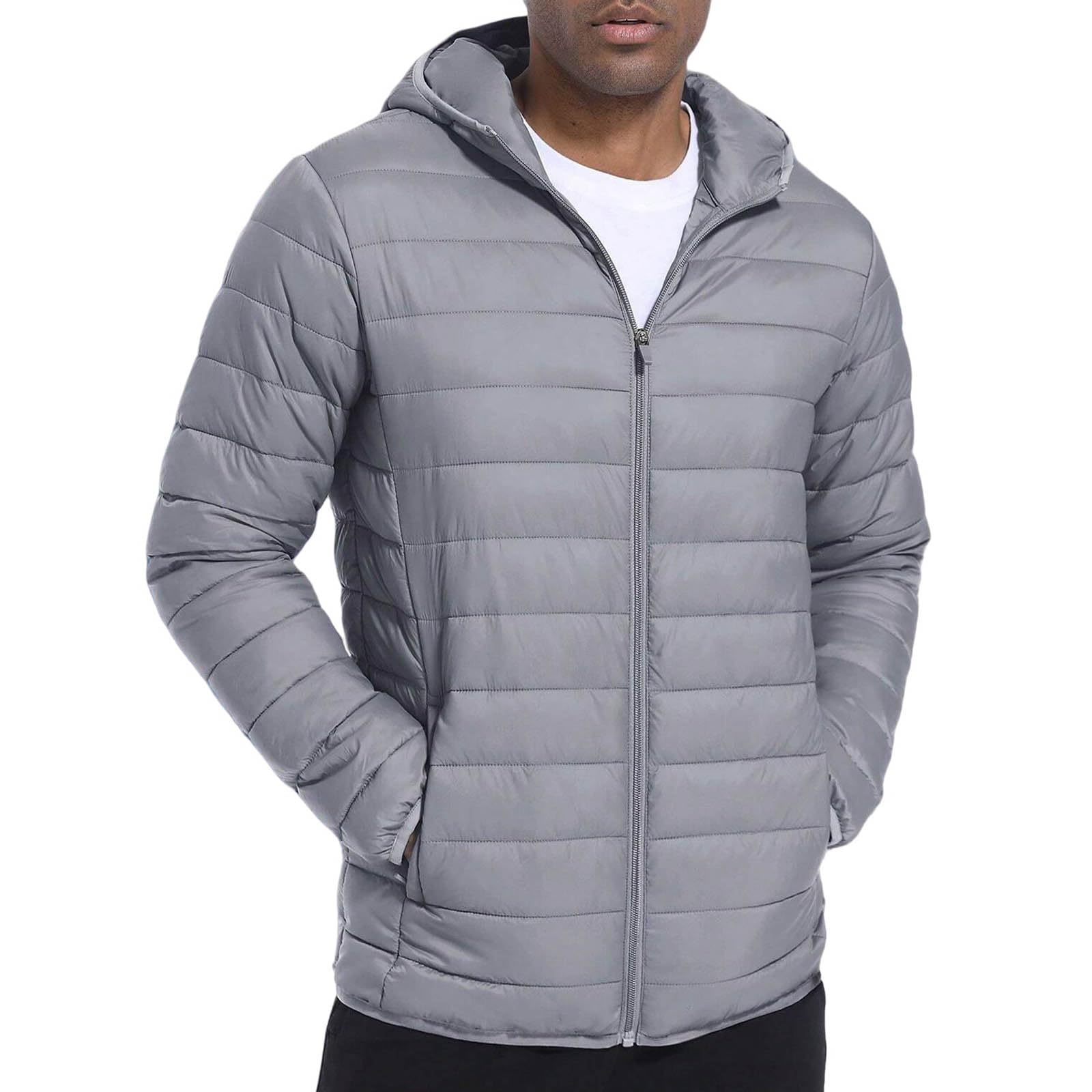 Mens Lightweight Puffer Jacket Full Zip Up Warm Hooded Coat Packable Down Coat Winter Cold-Proof Cotton-Padded Coats