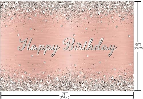 Miniatura 4 de MEHOFOND Decoración de fiesta de cumpleaños de oro rosa, telón de fondo brillante con diamante plateado brillante, decoración de feliz cumpleaños,