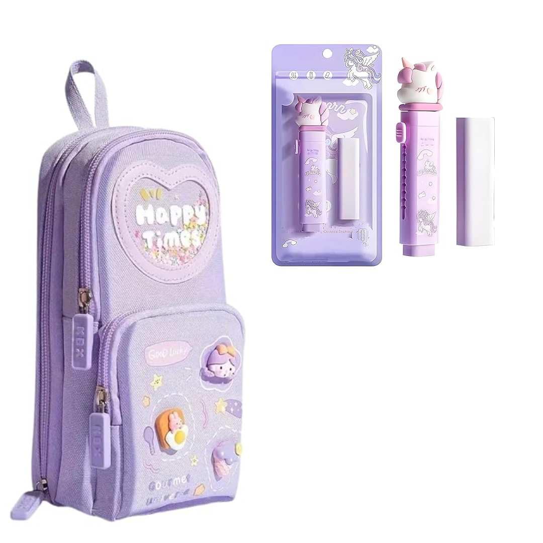 Premium Unicorn 3-Layer Big Capacity Pencil Case for Girls + Free Unicorn Push-Pull Eraser | School Bag Shaped Stationery Organizer | Cute Aesthetic Gift for Kids (Purple+Erasers)-image-20