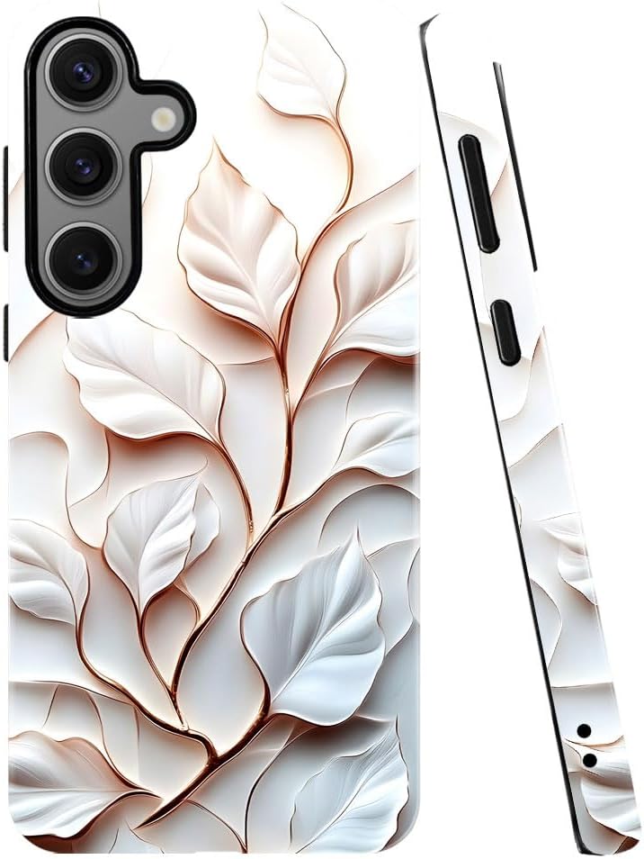 Case for Samsung Galaxy S24,Camera Protection Soft Glossy Phone Case – White Leaf Bloom