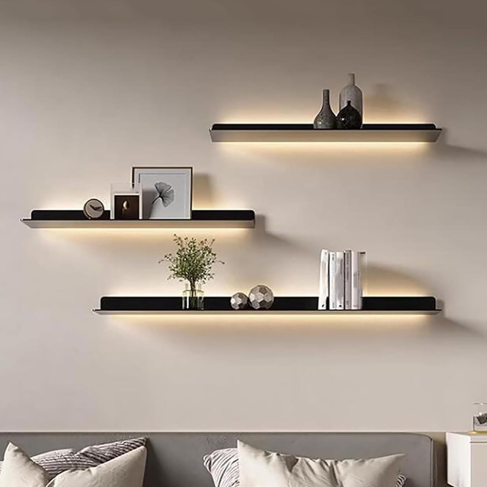 Pływające półki z oświetleniem LED, wytrzymała metalowa półka ekspozycyjna na blat barowy i łazienkę, podświetlane półki do przechowywania do dekoracji domu