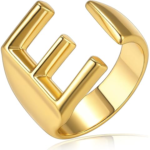 KeyStyle Bold Initial Letter Rings Adjustable, GoldChic Jewelry Women Gold Statement Ring Personalized Engraved Women’s Open Signet Ring for Party (Gold, White Gold, Black)