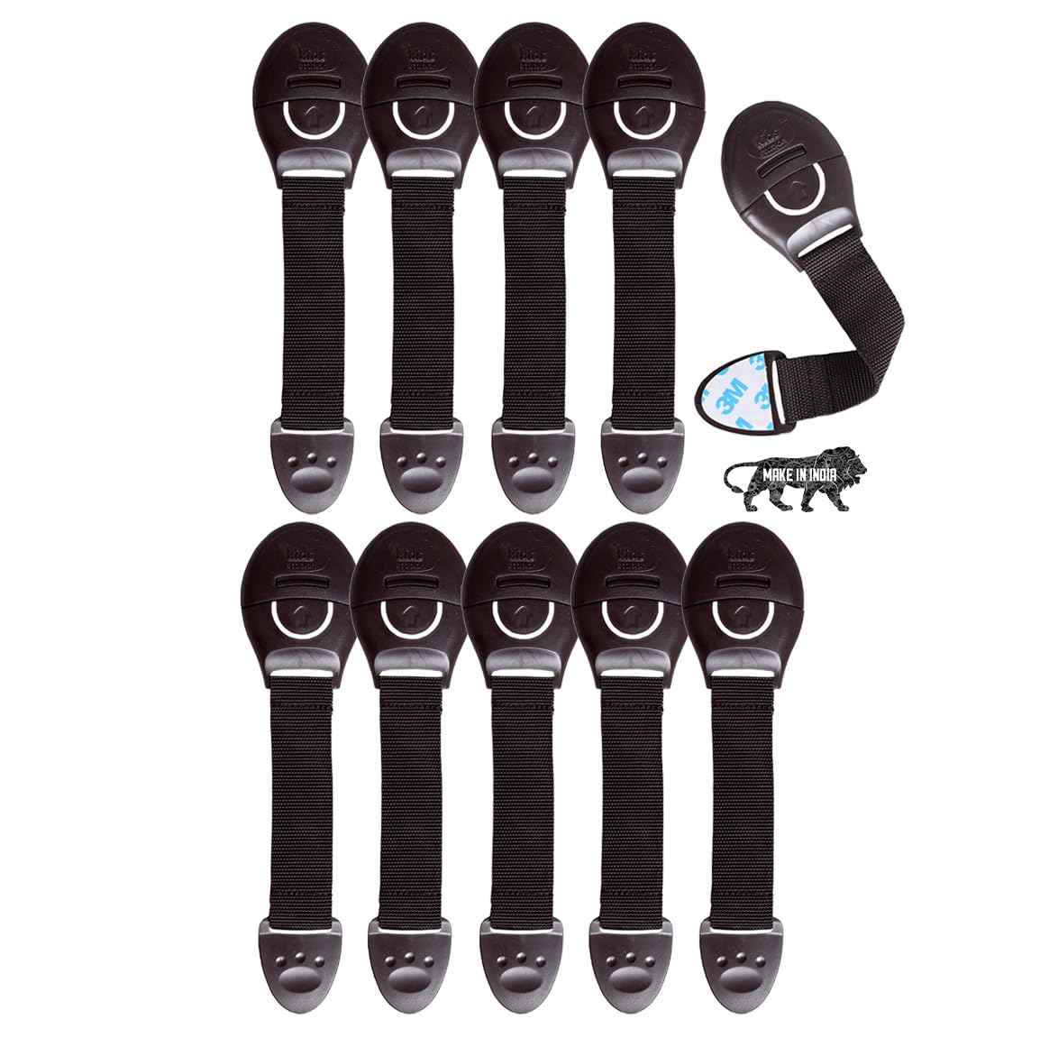 Kids Station Baby Safety Adjustable Cabinet Drawer Locks Straps|Strong & Adhesive Child/Toddler/Infants Safety Locks For Drawers, Cabinets, Fridge & Cupboard - Baby Proofing Product|Pack Of 10|Brown