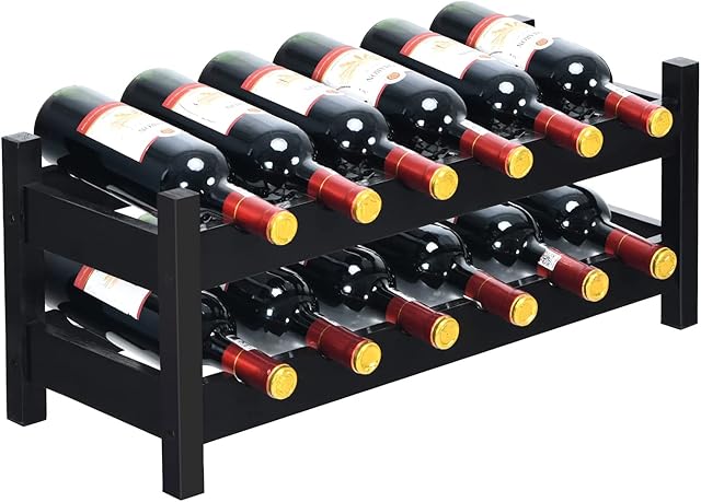 TANGZON 12 Bottle Bamboo Wine Rack, 2 Tier Free Standing Wine Storage Holder with Non-Slip Pads, Retro Style Liquor Display Shelf Organizer for Cabinet Cupboard Countertop Bar & Cellar (Dark Brown)