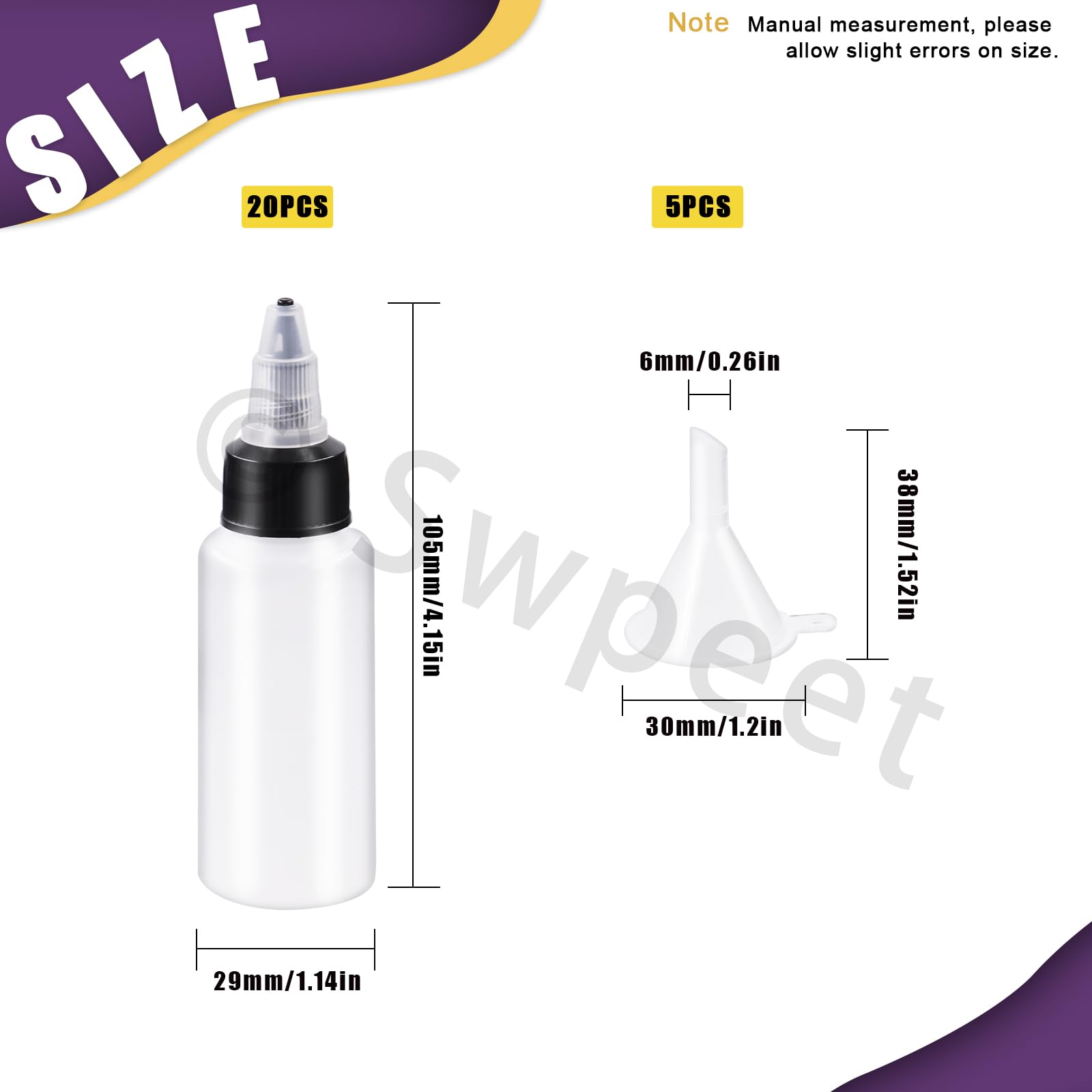 Swpeet 25 przezroczystych butelek z małymi lejkami, plastikowa butelka Boston LDPE o pojemności 30 ml, puste butelki z zakrętką Twist Top Cap do płynów z tuszem, z tworzywa sztucznego